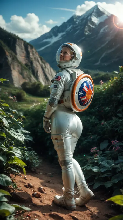 (date:20250212, By:Joulios) Highly detailed RAW color Photo, Rear Angle, Full Body, of (female space astronaut, wearing orange and white space suit, helmet, tined face shield, rebreather, accentuated booty), outdoors, (looking up at advanced alien structur...