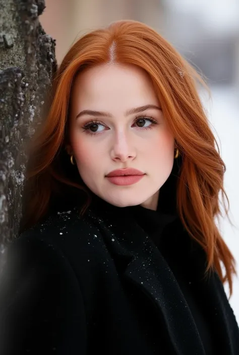  a sexy 23-year-old woman with copper hair and deep emerald green mermaid eyes , wearing a black coat in the middle of the snow as snowflakes fall in her hair , At her side is a sexy tall male man with medium black hair and blue eyes while wearing a black ...