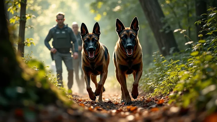 A masterpiece photo of two Belgian Malinois police dogs tracking the scent of a missing person in the woods, followed closely by their human handlers. 