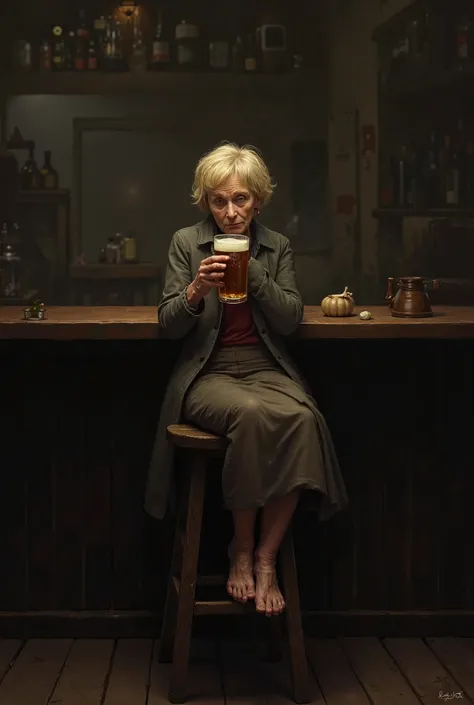 Elderly woman with very short blond hair sits barefoot on a bar stool and drinks beer 