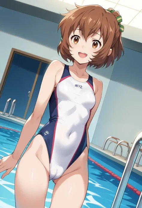 score_9, score_8_up, score_7_up, score_6_up, score_5_up, score_4_up, source_anime,newest,game cg,dutch angle,minori, short hair, brown hair, brown eyes, half updo, ponytail, short ponytail, hair ribbon,small breasts,smile,open mouth,(white competition swim...