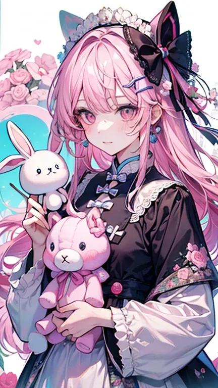    a small character  ,Rabbit motif,(Brush),((  cute,  cute,  Wonderland  )),((  pastel colors  )),((  Cute Assortment  )),  pink hair、Long curly hair、  pink eye、 princess(  and when you look at it from a distance   ),(  rabbit plush toy、 dreamy )((  cuteぬ...