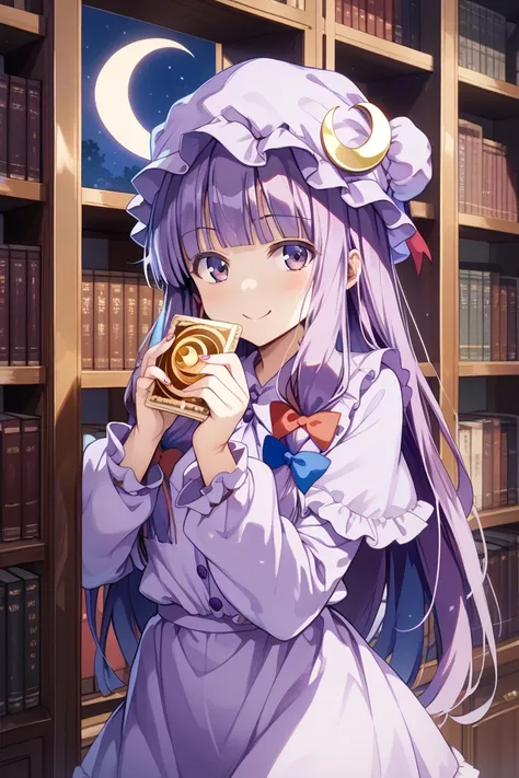  detailed depiction of up to the front door、((Touhou Project's Patchouli Knowledge))、((( patchouli norge )))、(((purple nightcap、 one point of the crescent moon is attached)))、((( is in the Crimson Demon Museum library at night)))、 cute smile、 (((whole body...