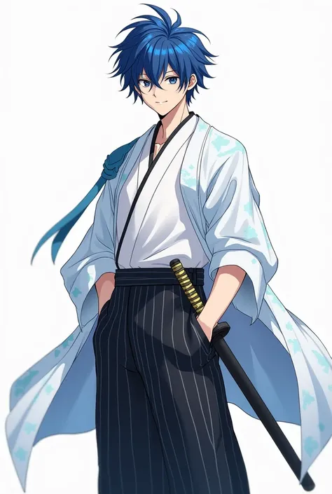 create an anime character from a description: Gintam character, The guy is 190 cm tall,  body is muscular, but muscles don't calm down. Blue shattered hair,  look like Fluffy Hair. On the left, a sword in a sheath. Wearing wide striped vertical black pants...