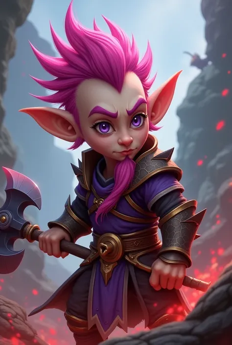 A thin gnome magic character of World of Warcraft, semi-bald, spiky tufts of vibrant pink hair on the right and left side of his head, sticking out wildly in sharp, exaggerated spikes. His thick, arched eyebrows match the same pink shade, Chin Puff Goatee,...