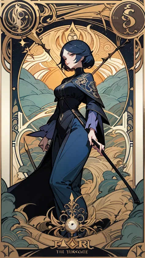 Create the scythe tarot card as if she were a full-bodied woman she holds a scythe,  do it in art nouveau style  ,  with white edges on the fourth sides, Don't cut the edges and don't place anything on top of the 