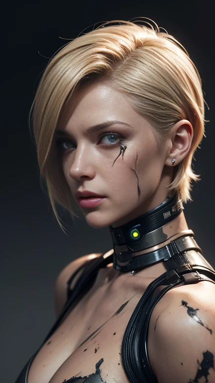 A beautiful cyborg lady short blond hair with dirty and damaged synthetic skin, rusty metal arms, cyberpunk, medium long shot, hyperrealism, photorealistic, 8k, unreal engine, 3d render, muted tone color