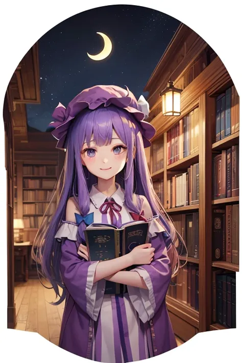  detailed depiction of up to the front door、((Touhou Project's Patchouli Knowledge))、((( patchouli norge )))、(((purple nightcap、One point for the crescent moon is attached)))、(((I'm in the Red Devil library at night)))、(( in the room))、 cute smile、 (((whol...