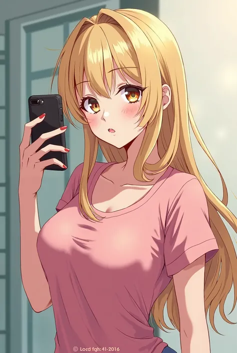 anime - style image of a woman in a pink shirt taking a selfie, blonde anime girl with long hair, seductive anime girl, small curvy loli, cute anime girl, anime girl with long hair, thicc, ilya kuvshinov with long hair, ecchi anime style, pretty anime girl...