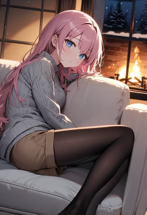  pink hair　Blue Eyes　 wave long　 girl　Clear　 cute　Fair skin　　162㎝　 growing up　 popup　 nice butt　 beautiful feet　 grey sweater　 brown shorts　 black tights　Brick House　fireplace　white large sofa　Snow Reflections Window 　night　 lean on the sofa 