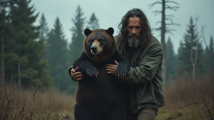 A hyper-realistic image of a weary human trudging through a desolate forest, supporting an injured bear with a gentle yet determined grip. The bear’s legs are weak, its fur matted with blood, but it relies on the human’s strength to keep moving forward. Th...