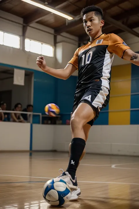 4D caricature of short haired indonesian man wearing ball jersey and futsal shoes kicking a ball ,  hyper realistic ,  ink sweeps , high color effect, detail and focus, 8k