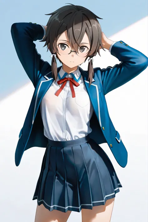 NSFW, Masterpiece, top quality, high res, very detailed, Asada Shino\( Sword Art Online\), hair between eyes、 SHORT HAIR、 side lock, dark eyes、 dark hair、Glasses、ヘアribbon, blazer、黒い jacket、黒い skirt、 jacket、 tie、プリーツ skirt、赤い tie、ribbon、uniform、 skirt, Tram