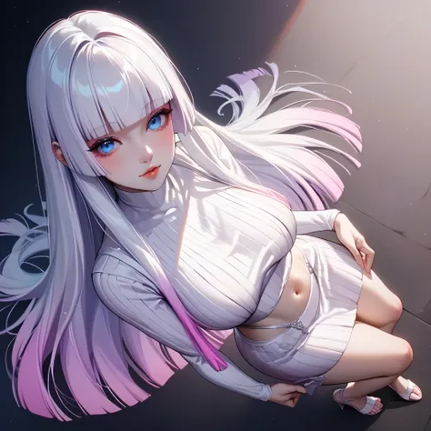 hand on own ass,((pastel purple White hair, gradient hair ), best quality 、 Masterpiece、( professional lighting )、  surreal、 ,(erect nipples:0.35), Charming、 slender supermodel 、 one adult female , (wide shot, full body, Head-to-toe shot, (from above:1.2),...