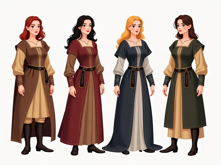 An illustration with four different medieval, femiline medieval clothing, flat colors, High Resolution, High Resolution, Anatomically Correct, Accurate, Award Winning, Best Quality, vector art, clothing illustration, cartoon stylized, fantasy illustration ...