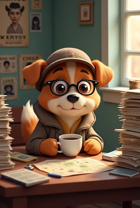 A cute cartoon dog detective sits at a small table piled high with case files, wearing round glasses and holding a cup of coffee, his expression both serious and slightly comical. The table is cluttered with various detective tools such as a notebook, fing...