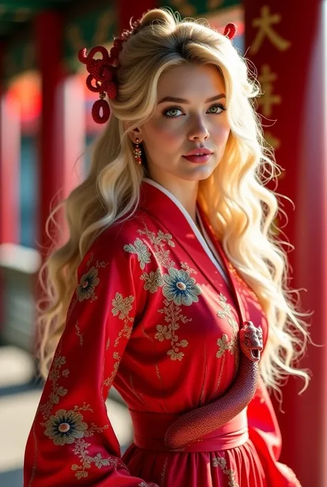  Believe me a Russian woman with blonde hair and long wavy , green eyes and she is as white as snow ,  wears a red Japanese-style dress and is standing in a temple,  make me the Chinese New Year style image with a red snake , photorealistic 