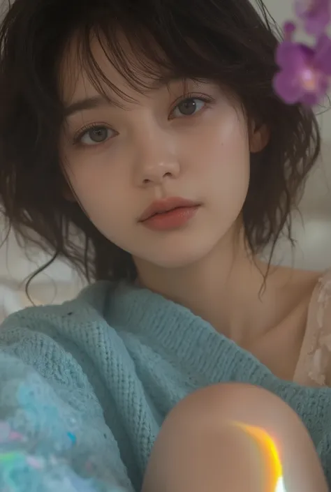 8k, masterpiece, highest quality, Surrealism, Low-angle, close-up. Dark hair, bangs, fair skin, delicate features. Oversized light blue sweater, off-the-shoulder, light beige underwear. Kneeling, face turned towards camera. Blurred, indoor, soft lighting...