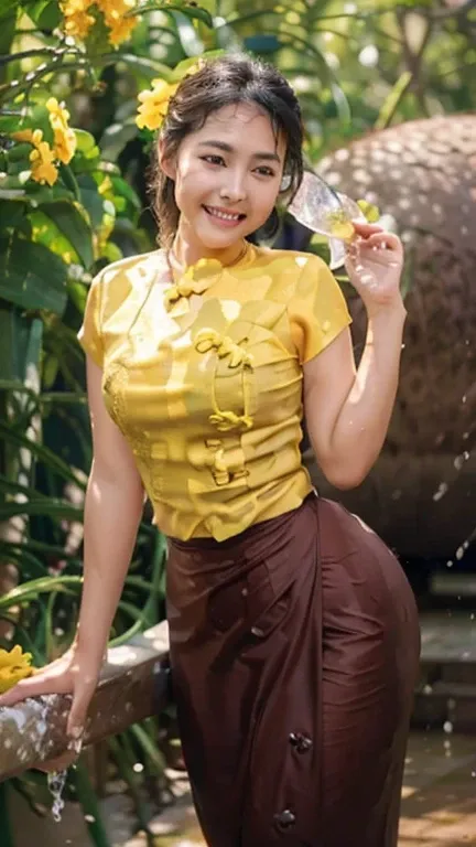 Burma's long-lasting body is full of sensuality, and the beauty of the body She has the prettiest smile on her face, highlighting her wet beauty and splashing water outline is too revealing. The long skirt she wears highlights her high hips. The beauty und...