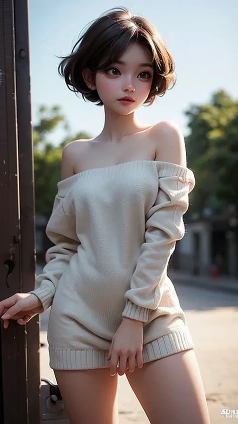 1 girl, gorgeous slender woman, wavy extremely short messy light colored hair, off-shoulder soft knit sweater dress, nothing underneath, standing straight, hands on her crotch, extremely short pixie cut, Undercut, Very Short Hair, Pixie Cut, Bald, Bald Gir...