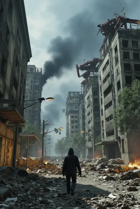     first-person image of a survivor walking in the middle of a street in the commercial center of a metropolis with very tall concrete buildings of 50 abandoned and deteriorated and surrounded by smoke, broken windows up to the horizon   ,     smoke comin...