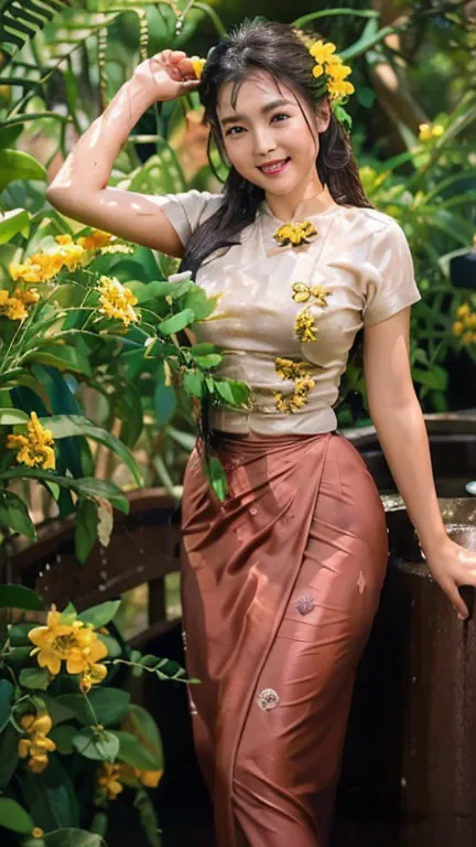 Burma's long-lasting body is full of sensuality, and the beauty of the body She has the prettiest smile on her face, highlighting her wet beauty and splashing water outline is too revealing. The long skirt she wears highlights her high hips. The beauty und...