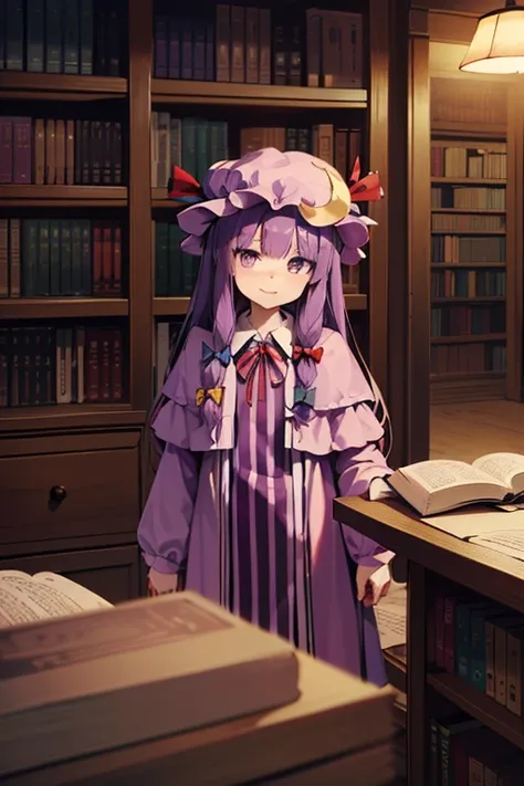  detailed depiction of up to the front door、((Touhou Project's Patchouli Knowledge))、((( patchouli norge )))、(((purple nightcap)))、(((I'm in the Red Devil library at night)))、(( in the room))、 cute smile、 (((whole body)))、Vivid colors、(((足先までwhole bodyが見える...