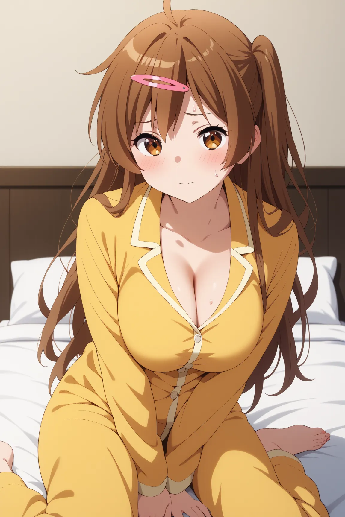 masterpiece,best quality,{{detailed beautiful face and eyes}}, very detailed background,
Shinka Nibutani,{{{megami magazine}}},long hair,brown hair,one side up,hair ornament,hairclip,brown eyes,large breasts,
((yellow pajamas)),
1girl,cleavage,(is aroused,...