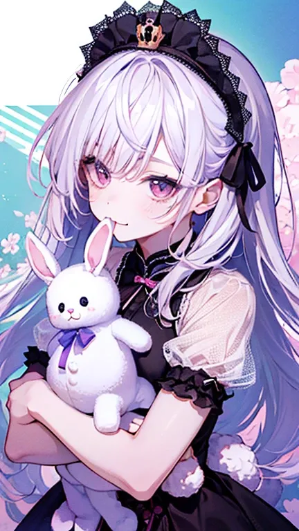    a small character  ,Rabbit motif,(Brush),((  cute,  cute,  Wonderland  )),((  pastel colors  )),((  Cute Assortment  )),  silver hair、Long curly hair、  pink eye、 GIRLY DRESS 、Lolita Clothing、Japan、 frill、 below {x} small tiara、 cute、ribbon、 princess(  s...