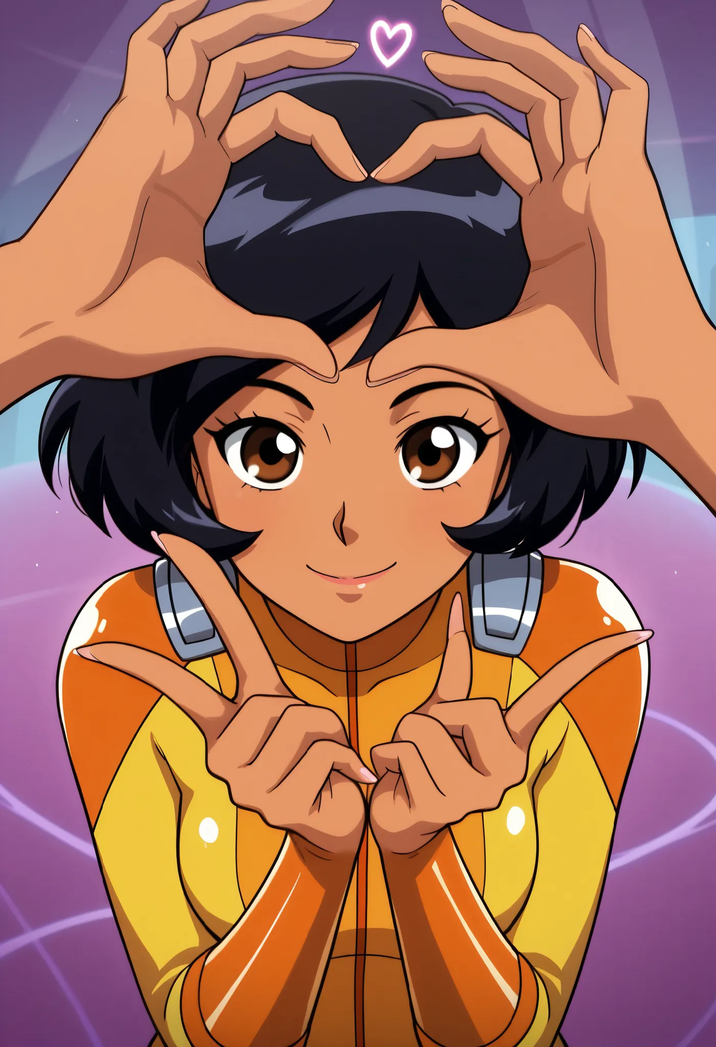 masterpiece, best quality, good quality, cartoon, totally_spies_2k24 alex, black hair, brown eyes, dark-skinned female, sexy, medium breasts, beautiful, detailed, high detailed, very beautiful, detailed face, detailed eyes, detailed hand, nails, long nails...