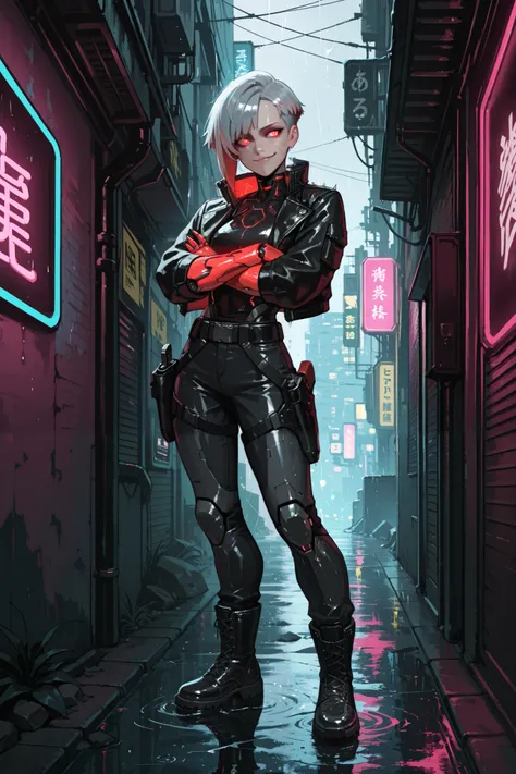 masterpiece, best quality, dynamic lighting
1boy, cyborg, medium-length synthetic hair, metallic silver hair with blue neon highlights, asymmetrical haircut, hair styled into sharp spikes at the back
wearing a futuristic black leather jacket with glowi...