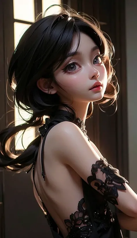 Long Black Dress with Open Back , lip gloss, (masterpiece, 最 High Quality :1.2), 1 girl, stockings,compensate, bimbo, dynamic ballroom dancing shots, (the above: 1.0), close-upフォトリアリズム, noir,最 High Quality , very detailed, One Girl , bright window light ,M...