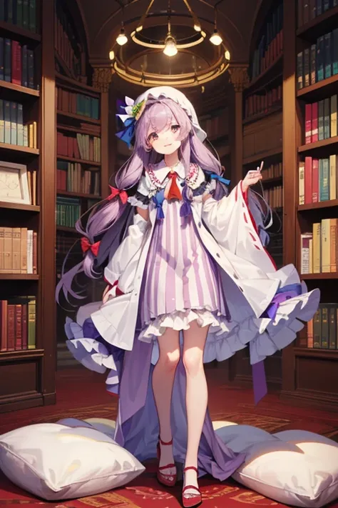  detailed depiction of up to the front door、((Touhou Project's Patchouli Knowledge))、((( patchouli norge )))、(((purple nightcap)))、(((I'm in the Red Devil library at night)))、(( in the room))、 cute smile、 (((( height 155 cm)))、(((whole body)))、Vivid colors...