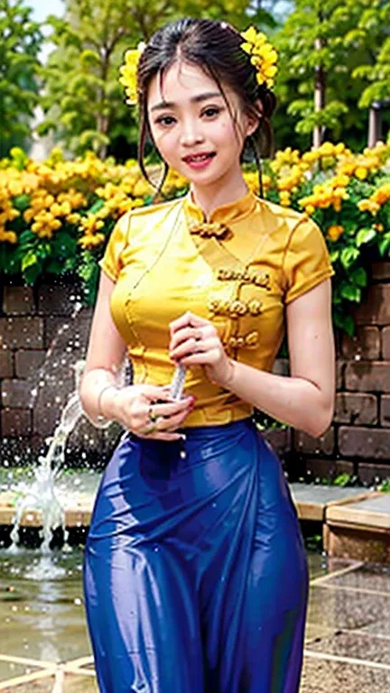 Burma's long-lasting body is full of sensuality, and the beauty of the body She has the prettiest smile on her face, highlighting her wet beauty and splashing water outline is too revealing. (Blue 💙 Dress )The long skirt she wears highlights her high hips....