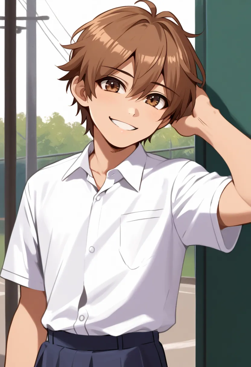 score_9, score_7_up, source_anime
miwahiro, 1boy, male focus, solo, brown eyes, brown hair, hair between eyes, school uniform, shirt, collared shirt, white shirt, short sleeves, smile
outdoor, Nelljoestar style
