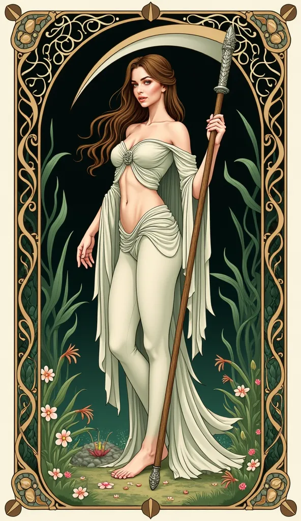 Create the scythe tarot card as if she were a full-bodied woman she holds a scythe,  do it in art nouveau style  ,  with white edges on the fourth sides, Don't cut the edges and don't place anything on top of the 