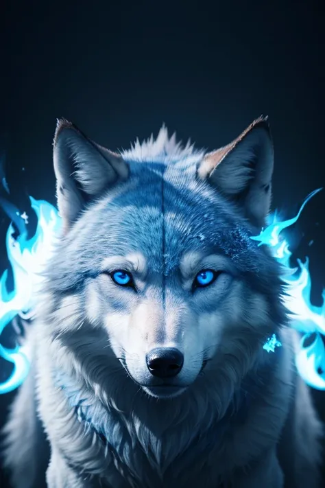 ((masterpiece)),(best quality, 8K resolution, Semi-realistic, cinematic lighting), light blue 1 small wolf, blue eyes, winter,(blue detailed flame),(angry)