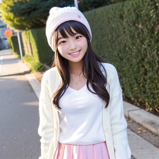 15-year-old high school girl　 has a smiling face　White knit hat　 in a white blouse　 pink cardigan　 navy blue pleated skirt　 black high socks 　 white sneakers