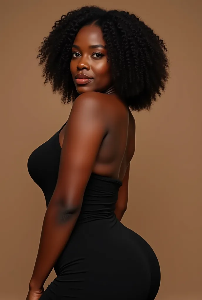 Create an image of a dark skinned beautiful with dimples on her face African model from Enugu Nigeria, with tall chubby body and a flat tummy and has big ass