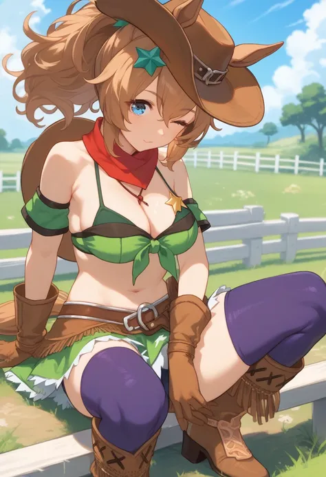 score_9, score_8_up, score_7_up, source_anime, Taiki, \(umamusume\), horse ears, horse tail, short hair, brown hair, ponytail, blue eyes, star hair ornament, bare shoulders, midriff, front-tie top, bandeau, holster, bandana, brown belt, brown gloves, green...