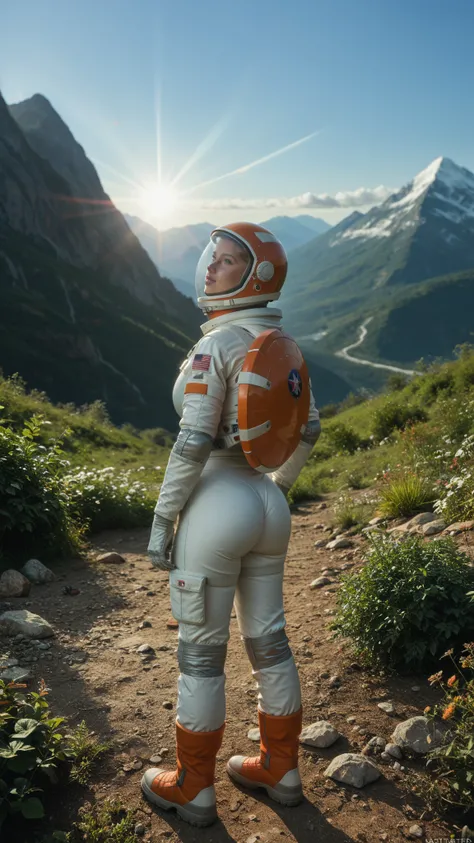 (date:20250212, By:Joulios) Highly detailed RAW color Photo, Rear Angle, Full Body, of (female space astronaut, wearing orange and white space suit, helmet, tined face shield, rebreather, accentuated booty), outdoors, (looking up at advanced alien structur...