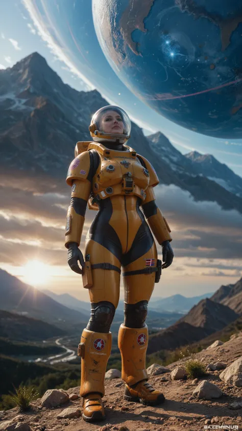 (date:20250212, By:Joulios) Highly detailed RAW color Photo, Rear Angle, Full Body, of (female space marine, black and red carbon fibre suit, (space helmet), accentuated booty), outdoors, (looking up at bright blue moon), on exotic alien alien planet, tone...