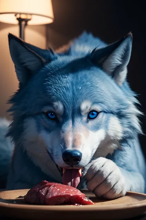 ((masterpiece)),(best quality, 8K resolution, Semi-realistic, cinematic lighting), light blue 1 small wolf, blue eyes,eating a meat,cozy room