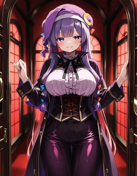  detailed depiction of up to the front door、((Touhou Project's Patchouli Knowledge))、((( patchouli norge )))、(((purple nightcap)))、((( is in the Crimson Demon Museum library at night)))、(( in the room))、 cute smile、 (((( height 155 cm)))、(((whole body)))、V...