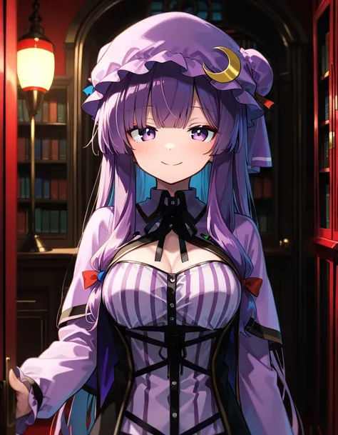  detailed depiction of up to the front door、((Touhou Project's Patchouli Knowledge))、((( patchouli norge )))、(((purple nightcap)))、((( is in the Crimson Demon Museum library at night)))、(( in the room))、 cute smile、 (((( height 155 cm)))、(((whole body)))、V...