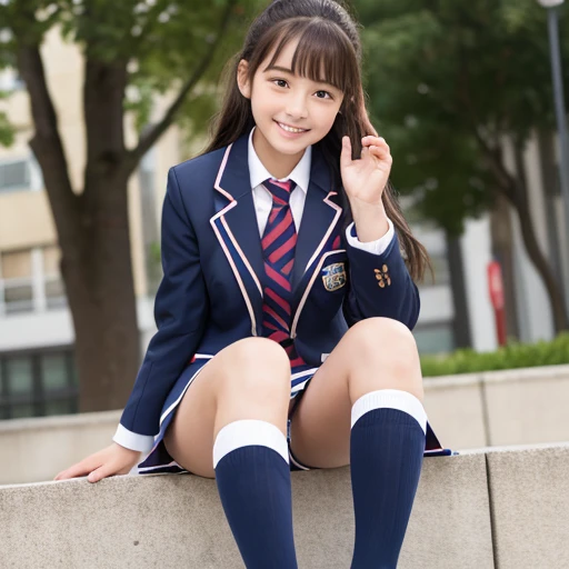  female middle school student 　 has a smiling face　 blazer school uniform　 brown high socks up to thighs