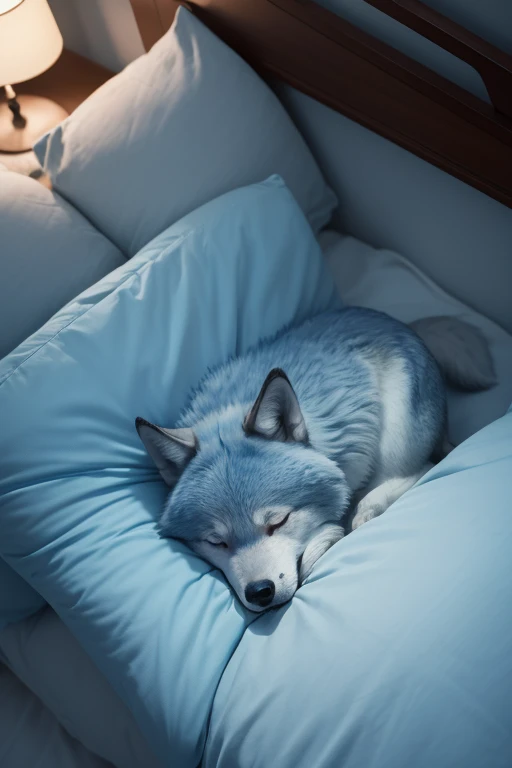 (above view),((masterpiece)),(best quality, 8K resolution, Semi-realistic, cinematic lighting), light blue 1 small wolf, closed eyes,on the bed,cozy mood