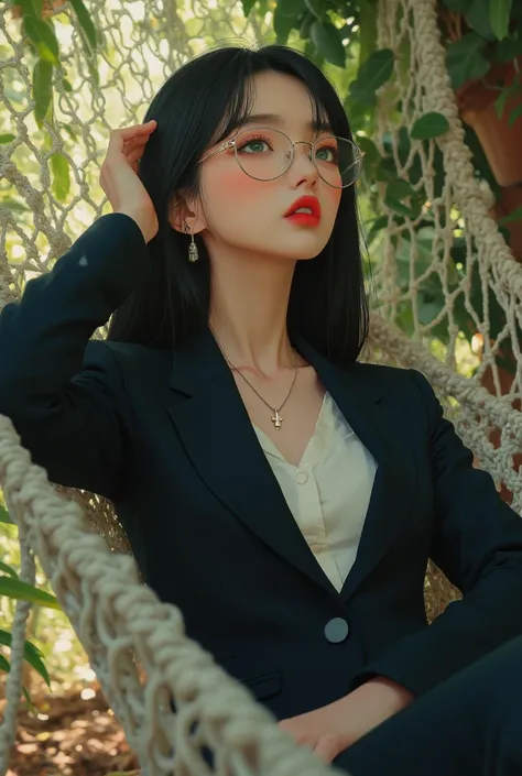 (( top quality)), ((傑 top quality、 Masterpiece、High sensitivity、 high res、 detailed depiction of up to the front door、 delicate face depiction ))Slender Woman、Woman with glasses、Pink Rouge、 business suit、cross pendant、hammock、
