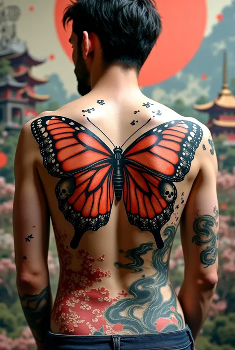 Japanese style butterfly back tattoo with skulls in wings