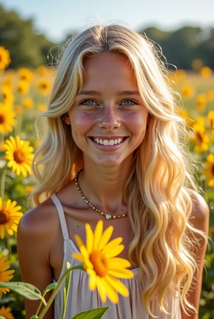 (as played by aged Belle Delphine), smiling, pretty girl, in sunny field of flowers, wearing light summer dress, long blonde hair, (masterpiece:1.3), (best quality), (highres:1.1), (incredibly detailed), wide angle, ultra quality, detailed eyes, high quali...